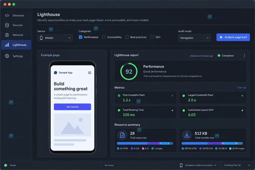 预算文件、Lighthouse CI 配置和 performance-budget 失败状态之间关系的原创界面说明图