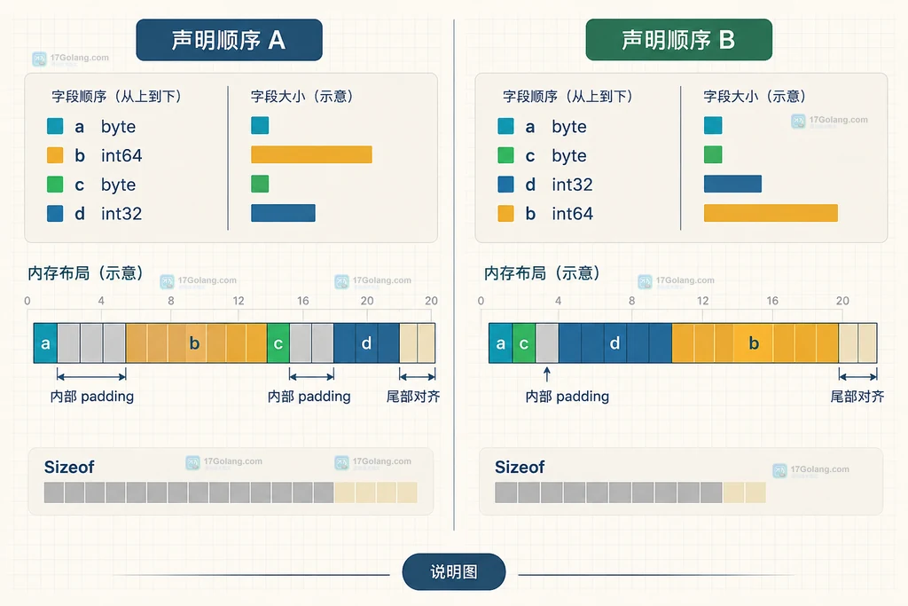 Go 结构体字段顺序对比说明图,标出内部 padding 与尾部对齐
