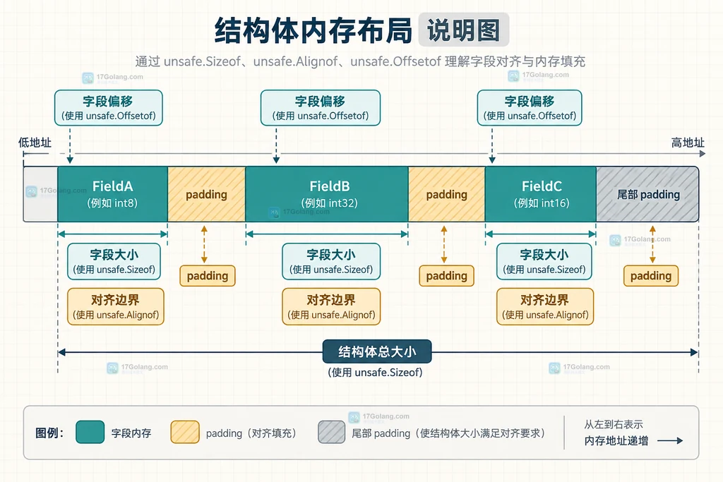 Go unsafe 结构体布局说明图,展示字段偏移、字段大小、对齐边界和 padding 的关系