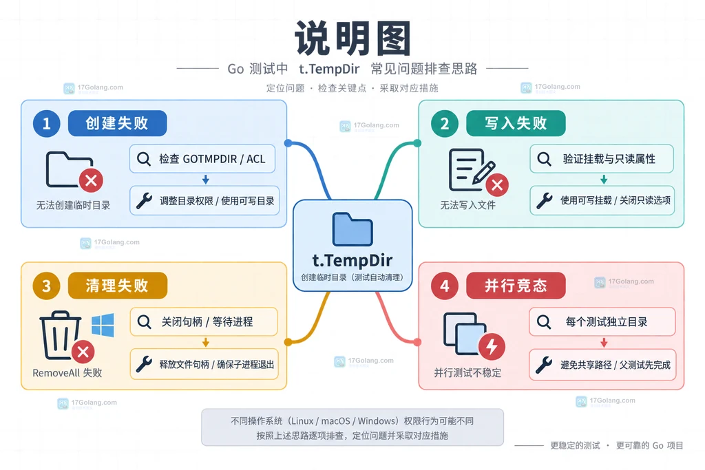 Go testing.T TempDir 从 GOTMPDIR 临时根路径到自动清理的生命周期结构说明图