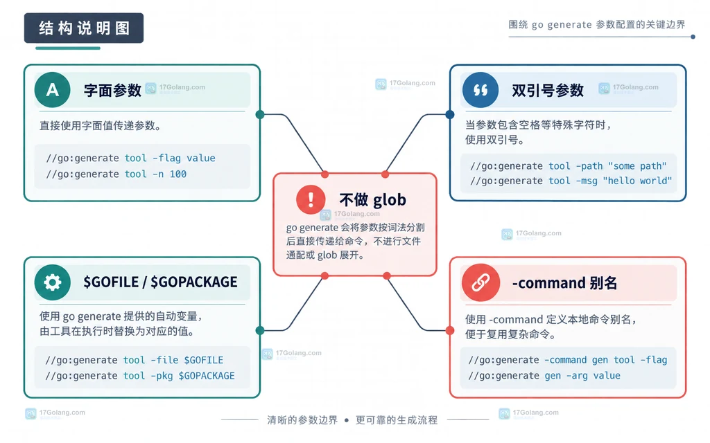 go generate 字面参数、双引号、自动变量和别名的边界结构图