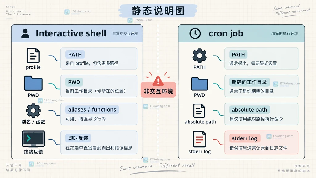 交互 Shell 与 cron 非交互环境在 PATH、PWD 和日志证据上的差异说明图