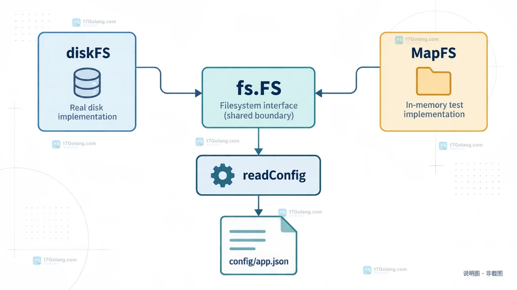 Go fs.FS 抽象连接 diskFS 与 testing/fstest MapFS 并进入 readConfig 的说明图
