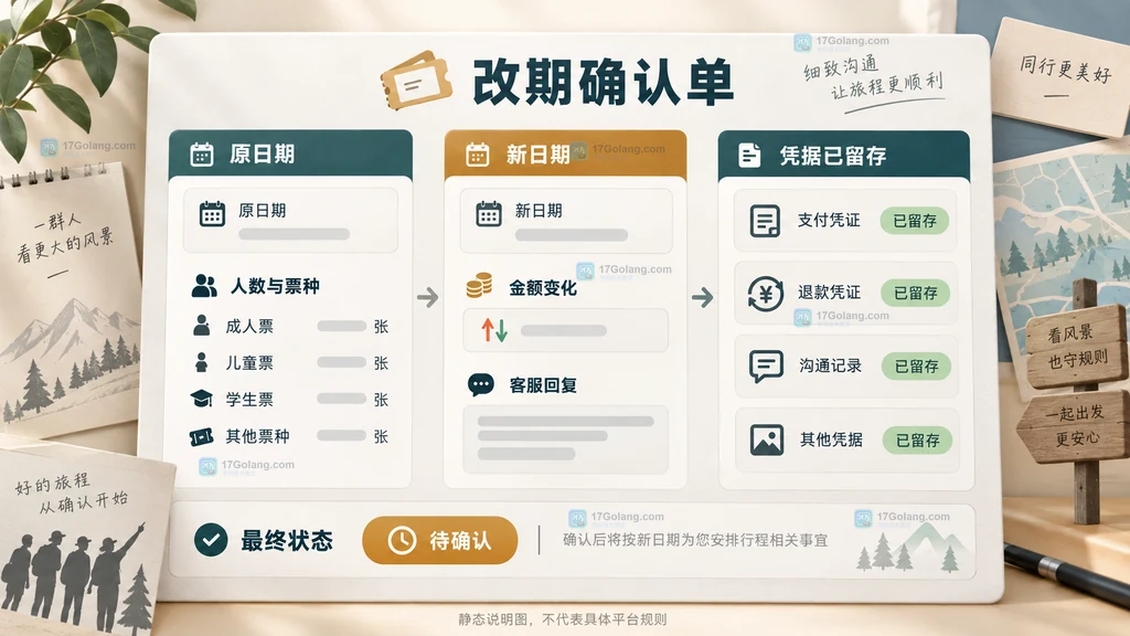 景区团体预约改期确认单中的日期人数票种金额和凭据字段静态说明图