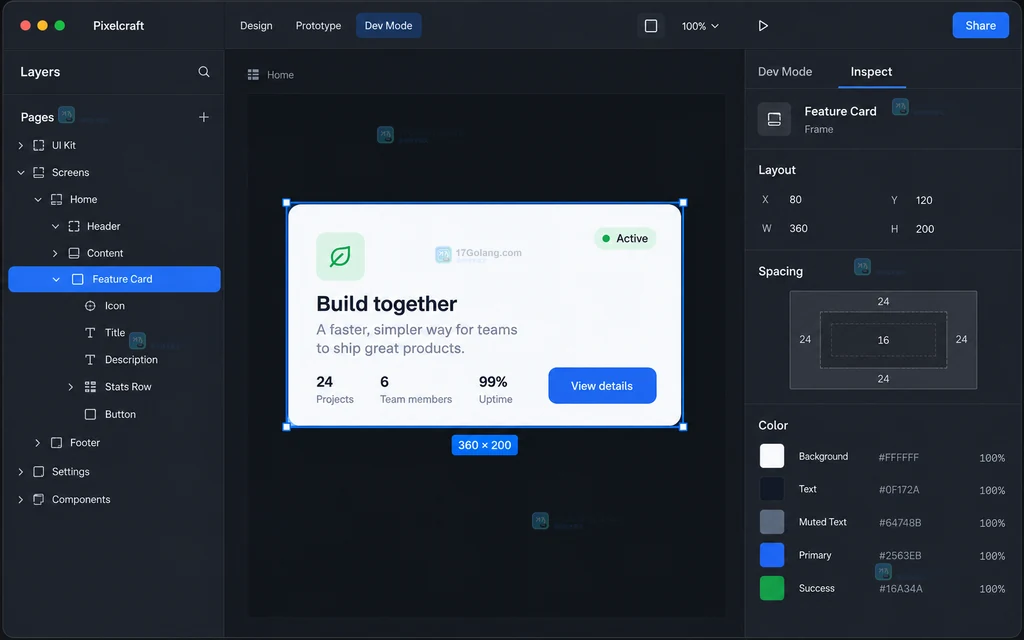 原创 Figma Dev Mode 风格界面说明图，展示选中图层和 Inspect 面板中的 Layout、Spacing、Color 入口