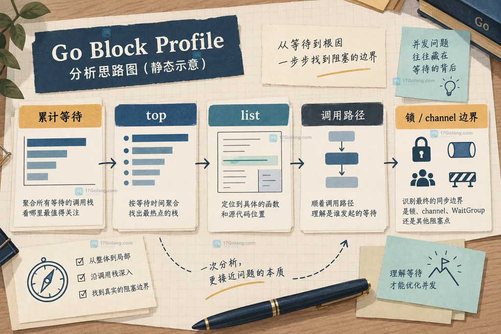 go tool pprof 从 block Profile 累计等待栈定位函数源码和锁 channel 边界的分析结构图