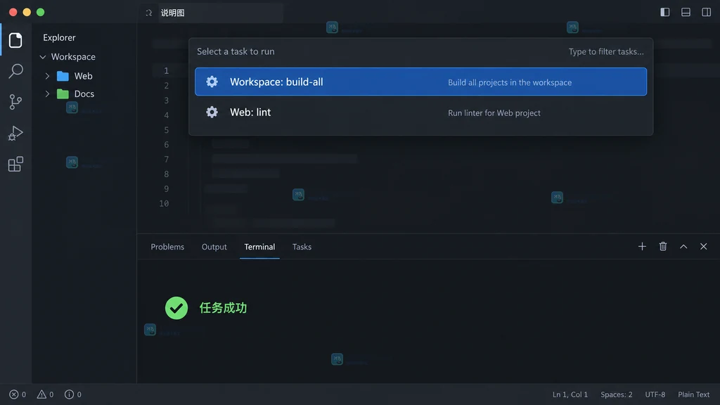 VS Code 多根工作区任务选择器区分 Workspace 与 Web 任务并显示任务成功的说明图