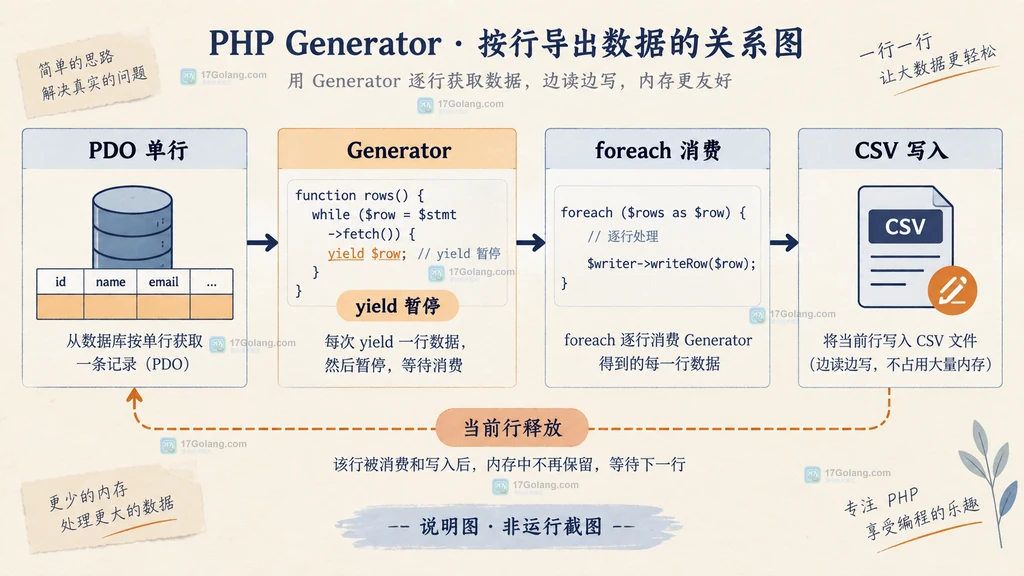 PHP Generator 从 PDO 单行读取到 CSV 输出的静态结构说明图