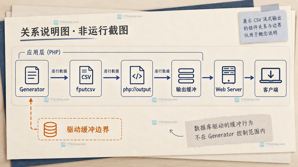 PHP CSV 流式导出中生成器、输出缓冲和客户端边界的静态关系图