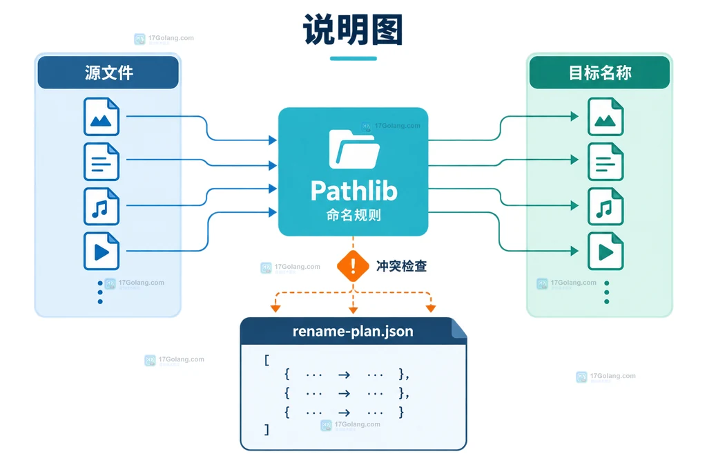 pathlib批量改名计划结构说明图,展示源文件、目标名称和计划清单的关系