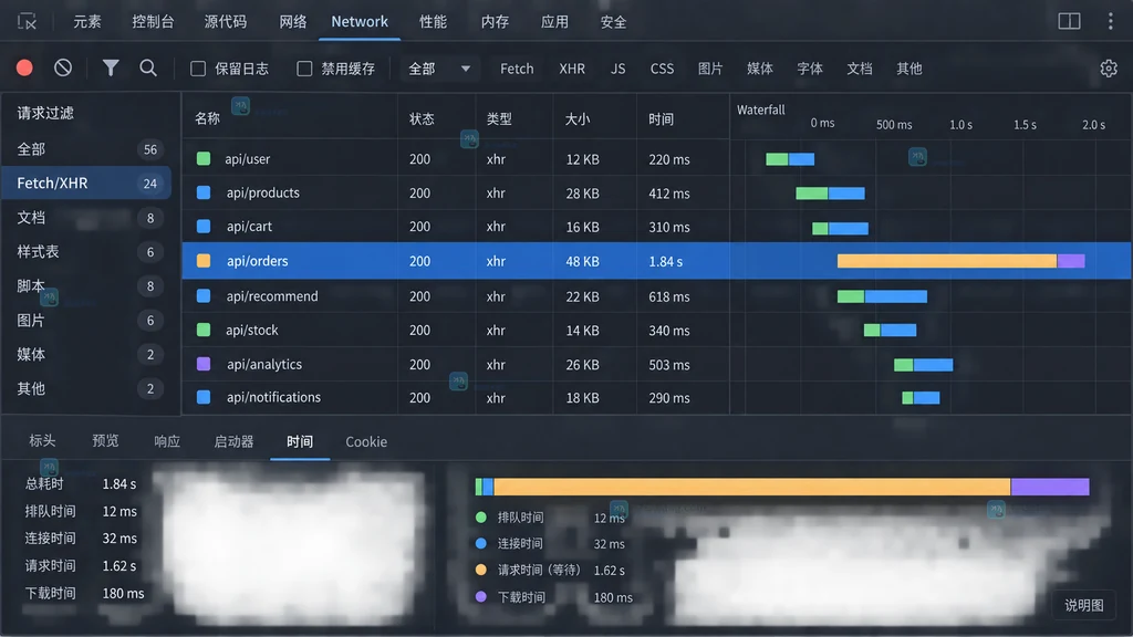 Chrome DevTools Timing 面板显示 Waiting TTFB 680 毫秒最长的原创结果示意图
