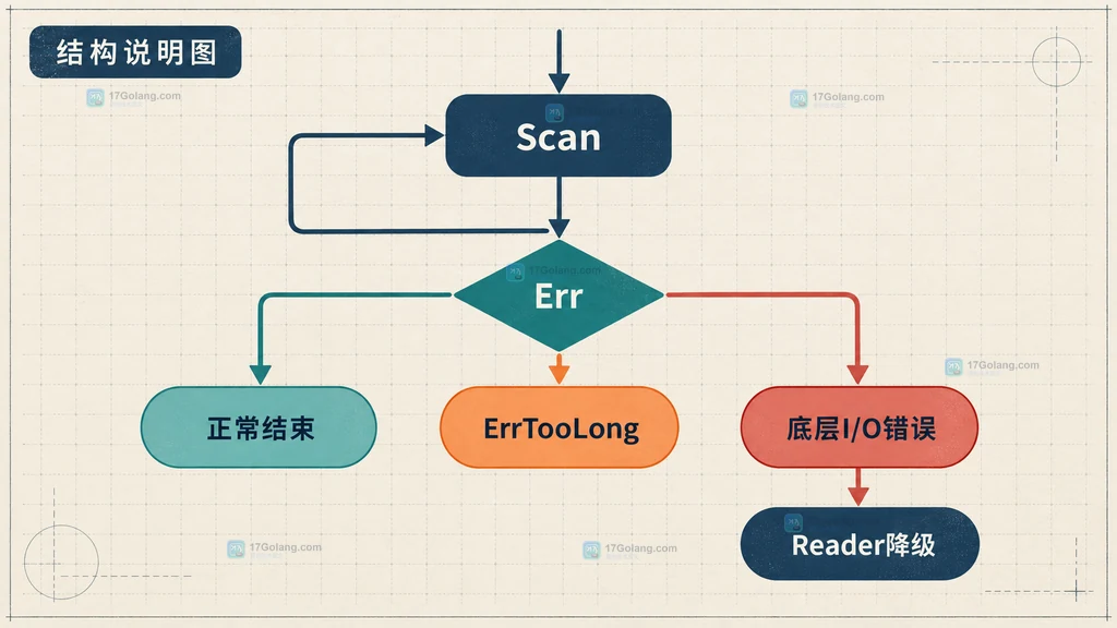 Go bufio.Scanner从日志输入到ScanLines并受初始缓冲与最大字节数约束的结构说明图