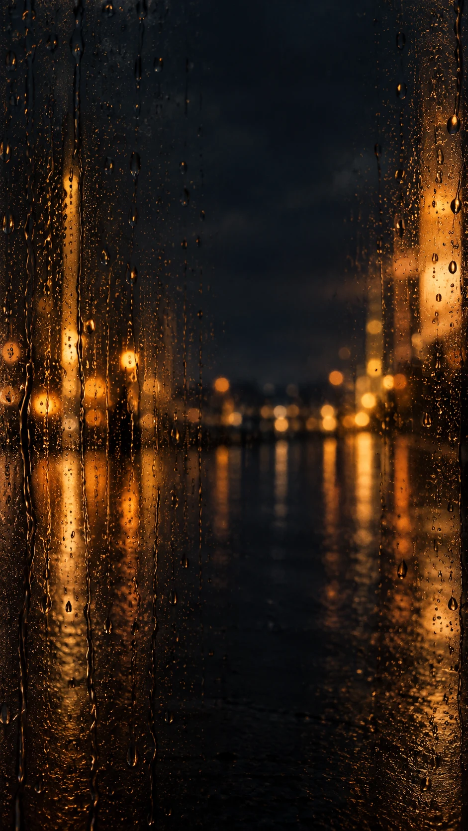 琥珀雨夜手机壁纸主图,湿玻璃雨滴与纵向暖光带形成前后景层次
