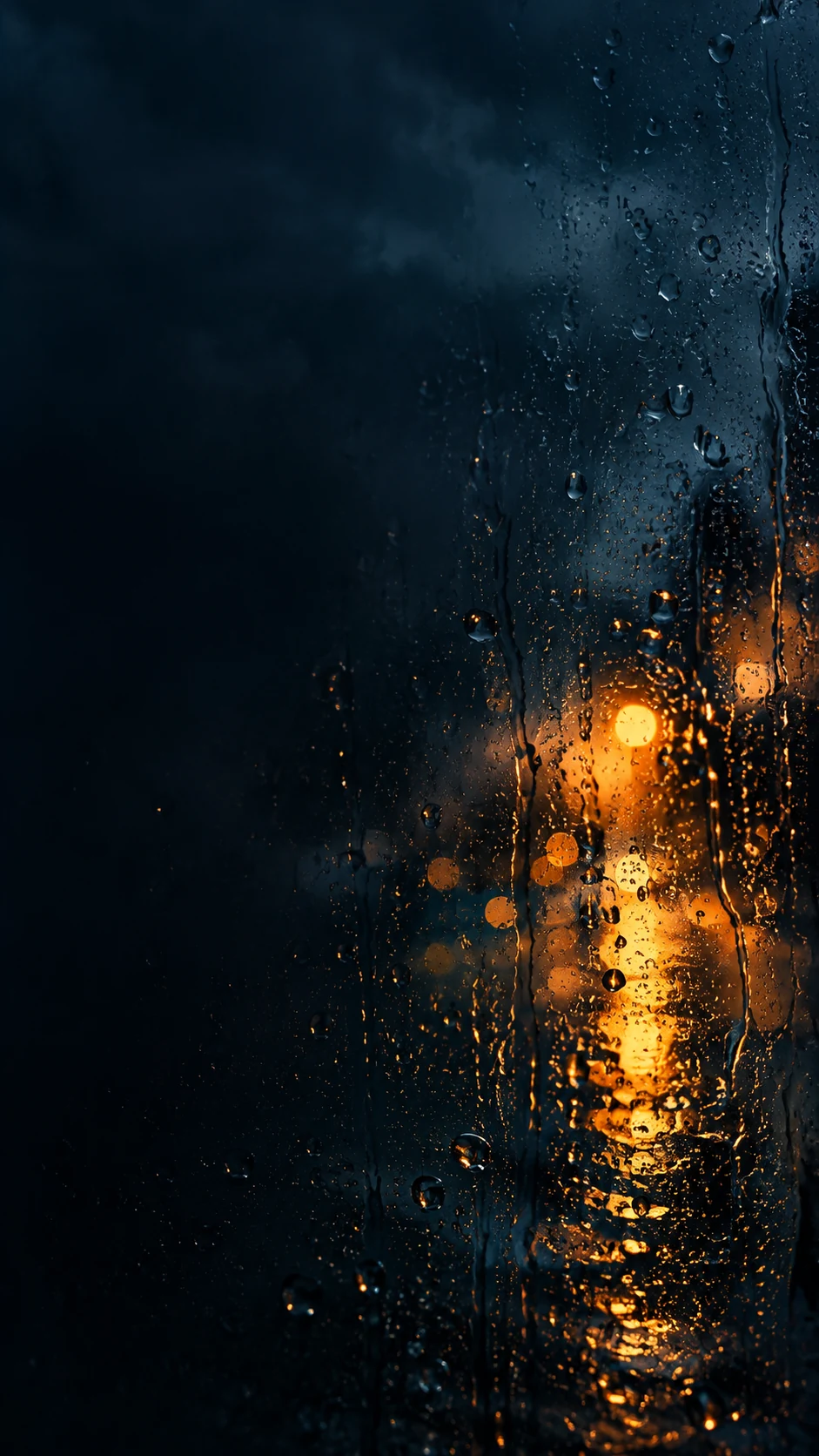 琥珀雨夜手机壁纸变体,主体偏右下并为左侧图标区保留深色空间