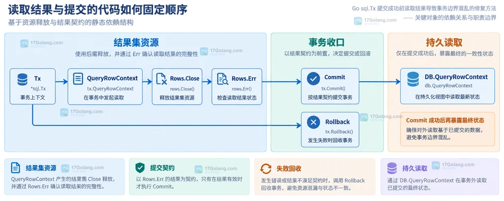 Go Tx 结果集释放、Rows.Err、Commit、Rollback 与提交后 DB 查询之间的静态依赖关系图