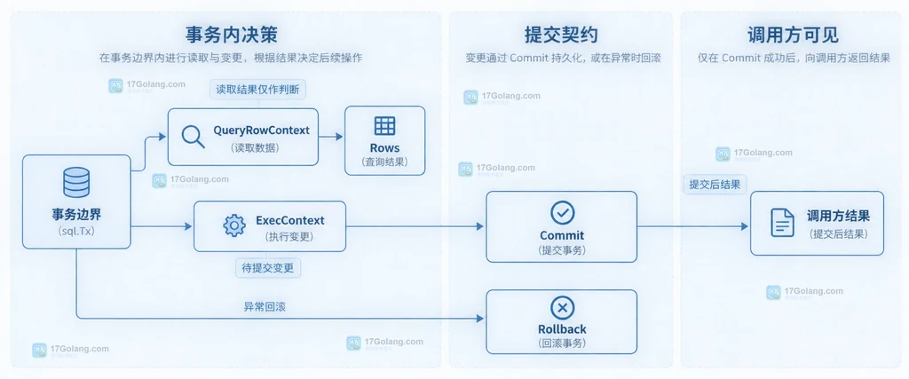Go database/sql 事务边界中 QueryRowContext、ExecContext、Rows、Commit 与调用方结果的静态关系说明图