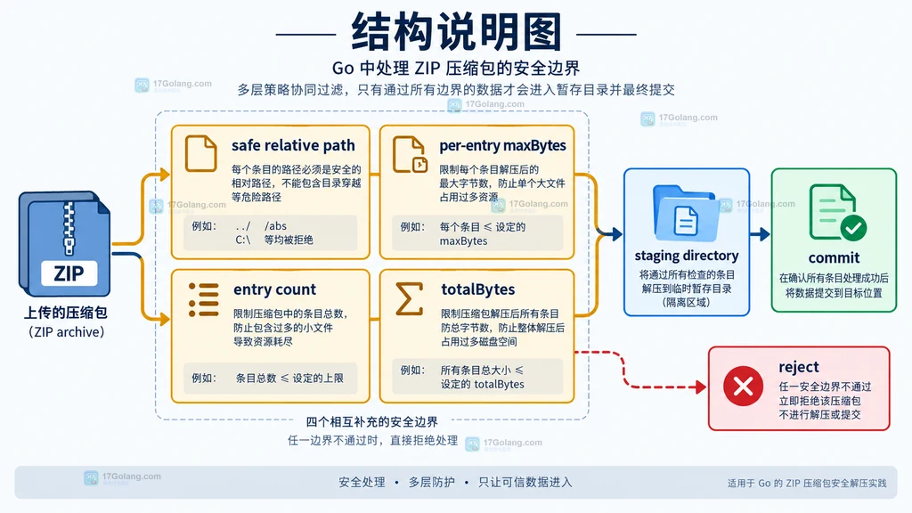 Go archive/zip 条目从 FileHeader 尺寸预判到 File.Open 流式复制的内存边界说明图