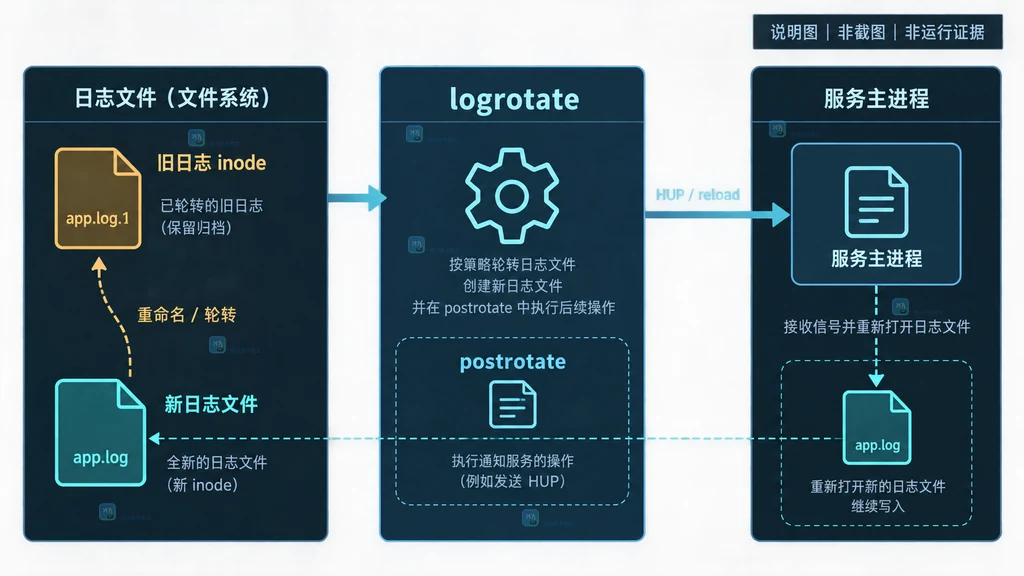 Linux logrotate轮转旧日志并通过postrotate向服务发送重开信号的结构说明图