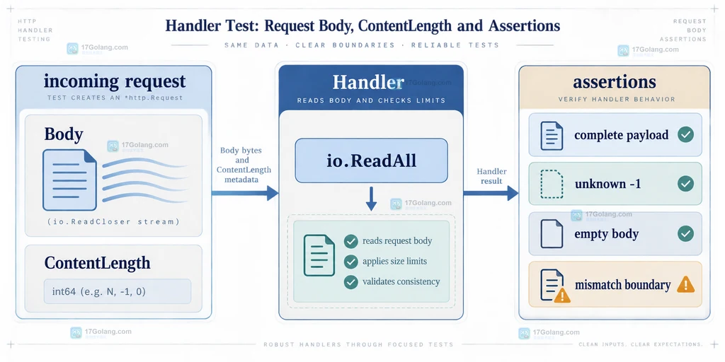 Go Handler 测试中请求体读取、ContentLength 判断与回归断言的边界结构图