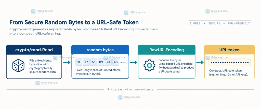 Go crypto rand 生成随机字节并通过 RawURLEncoding 转成 URL 安全令牌的结构说明图
