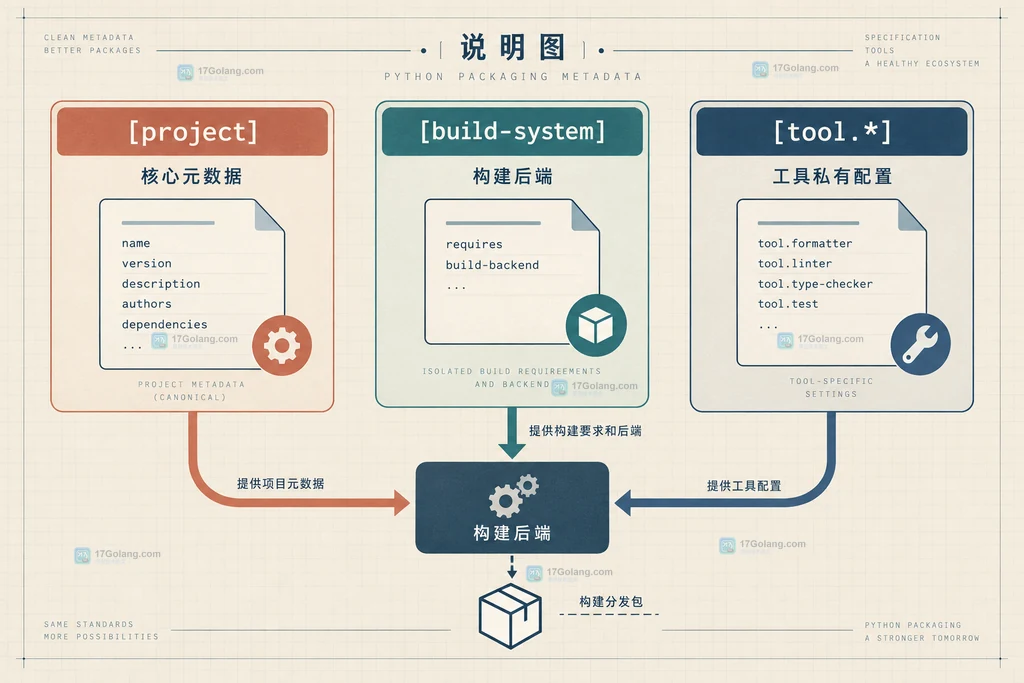 Python打包构建流水线说明图,展示pyproject元数据到sdist、wheel再到仓库的边界