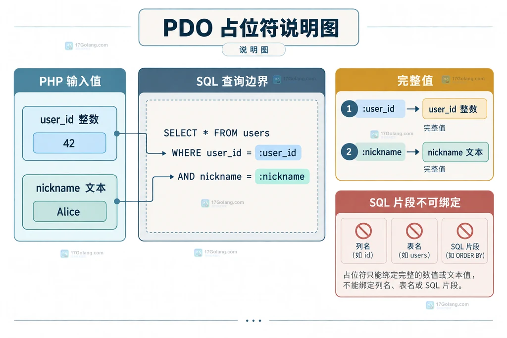 PHP PDO 预处理语句中 user_id 整数占位符与 nickname 文本占位符的关系说明图