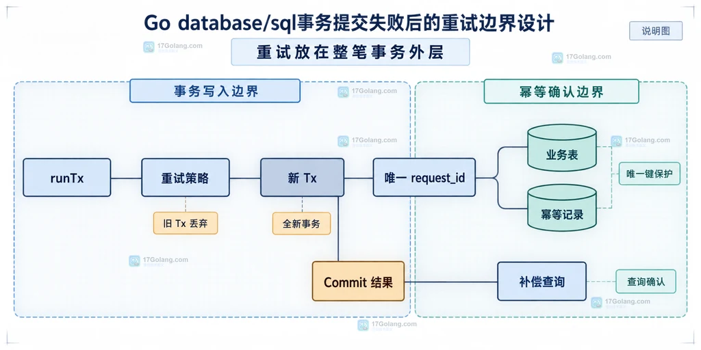 Go database/sql事务提交失败时 Context、Tx.Commit、驱动和数据库的错误边界说明图