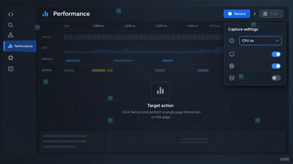 Performance 面板录制入口、Capture settings 和目标动作范围的原创说明图