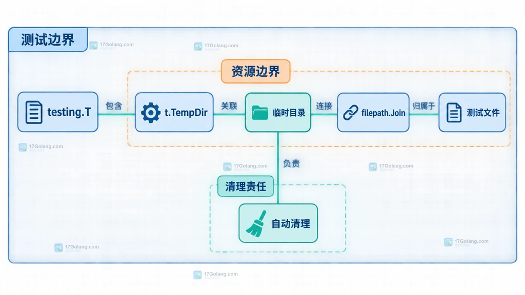 Go testing.T、t.TempDir、临时目录和测试文件自动清理责任的静态结构关系图