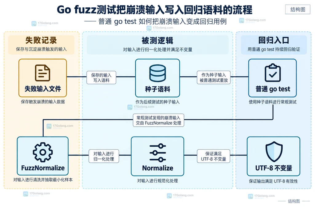 Go testing.Fuzz、F.Add、模糊测试引擎与 testdata/fuzz/FuzzNormalize 之间的静态关系说明图