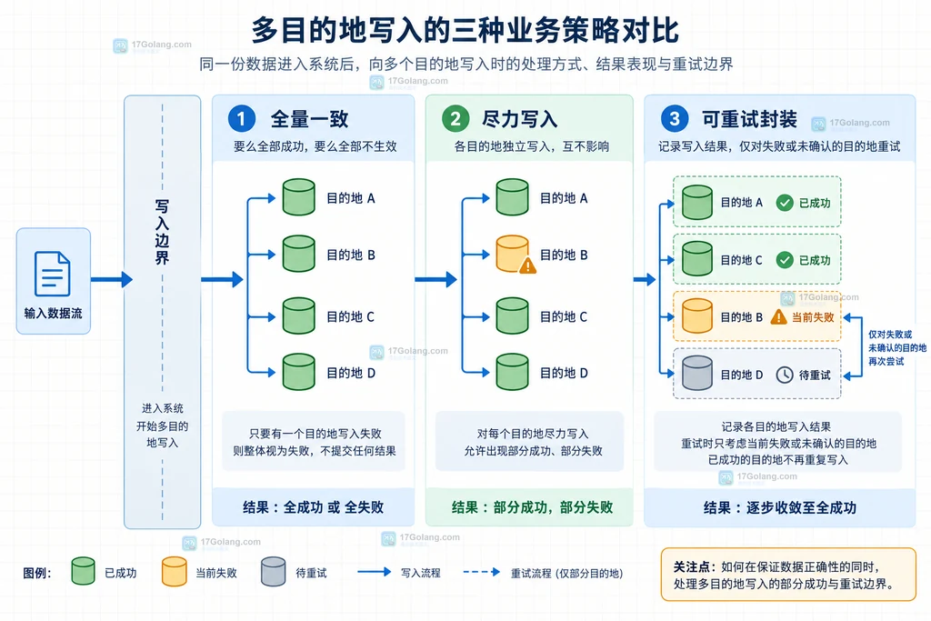 多路写入的全量一致尽力写入和可重试封装边界说明图