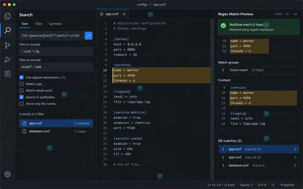 VS Code 搜索视图中开启正则并限制配置文件范围的原创界面说明图