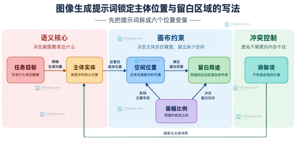 图像生成提示词中任务目标、主体实体、空间位置、留白用途、画幅比例和排除项的静态关系说明图