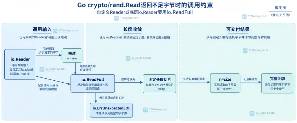 Go crypto/rand.Read、固定长度令牌缓冲区和完整返回约束的静态关系说明图