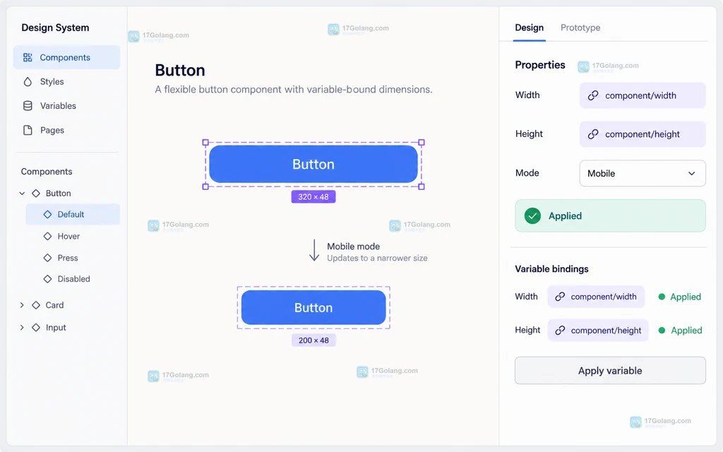 Figma 主组件右侧属性面板显示 Width Height 变量绑定、Mobile 模式和 Applied 状态的说明图