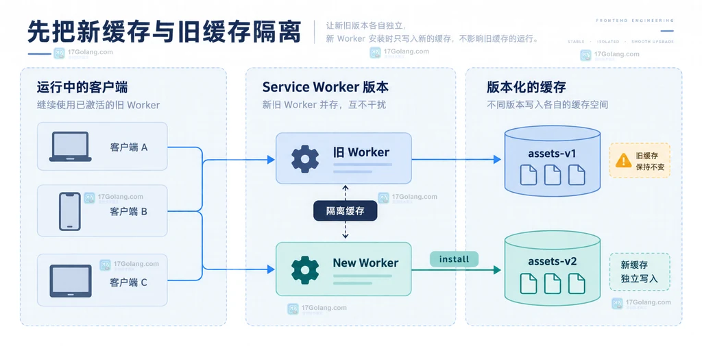 activate 通过 caches.keys、KEEP 白名单和 delete 旧缓存后再进入 fetch 的关系说明图