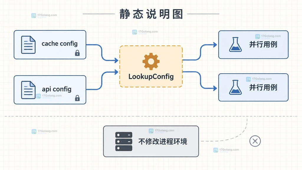 Go 测试把不同 APP_MODE 通过 LookupConfig 注入并行用例而不修改进程环境的边界结构说明图