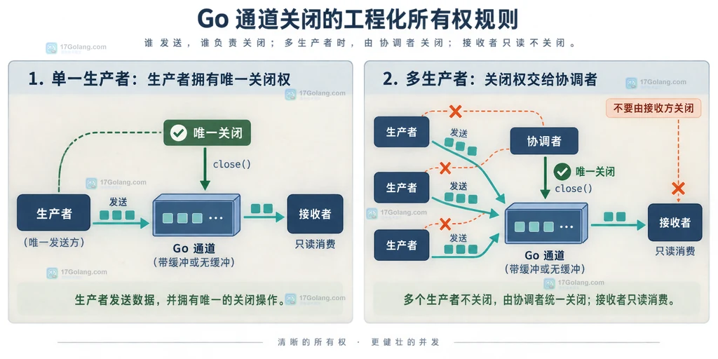 Go多生产者channel协调说明图:WaitGroup等待所有worker结束后由单一协调者关闭输出通道