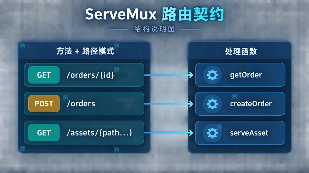 ServeMux 方法、路径模式与处理函数的结构说明图
