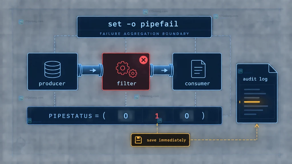 Bash producer filter consumer 管道与 pipefail PIPESTATUS 审计关系结构图