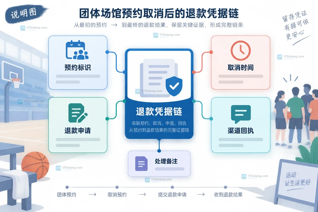 体育场馆取消预约后的退款凭据链，连接预约标识、取消时间、退款申请和渠道回执