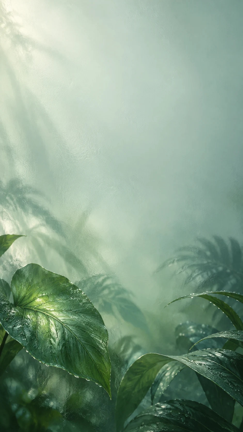 绿色玻璃雨林手机壁纸说明图,下方湿润叶片向中部渐隐,顶部为锁屏时间保留通透留白