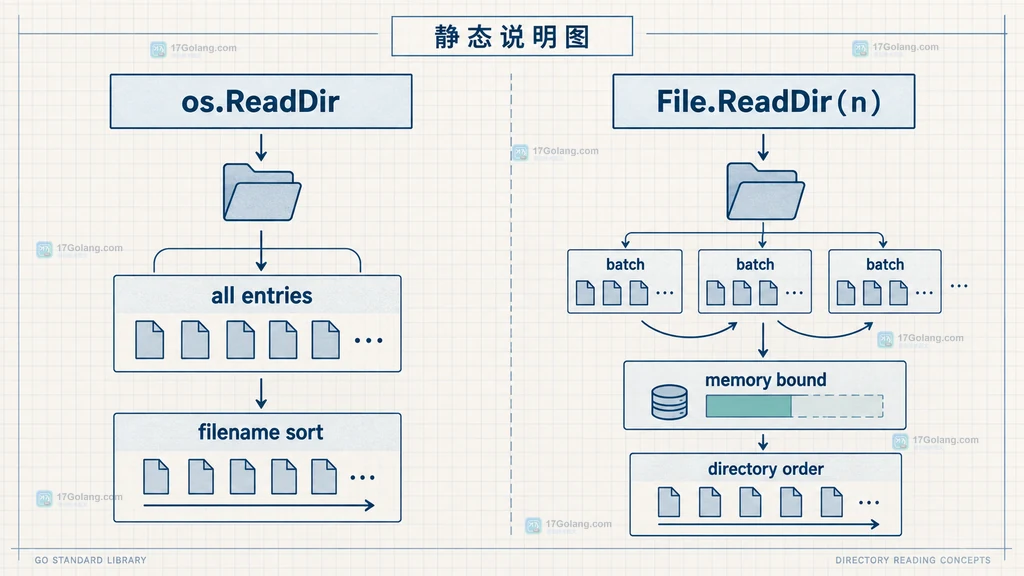 Go os.ReadDir 与 File ReadDir 批量读取在排序和内存边界上的选择说明图