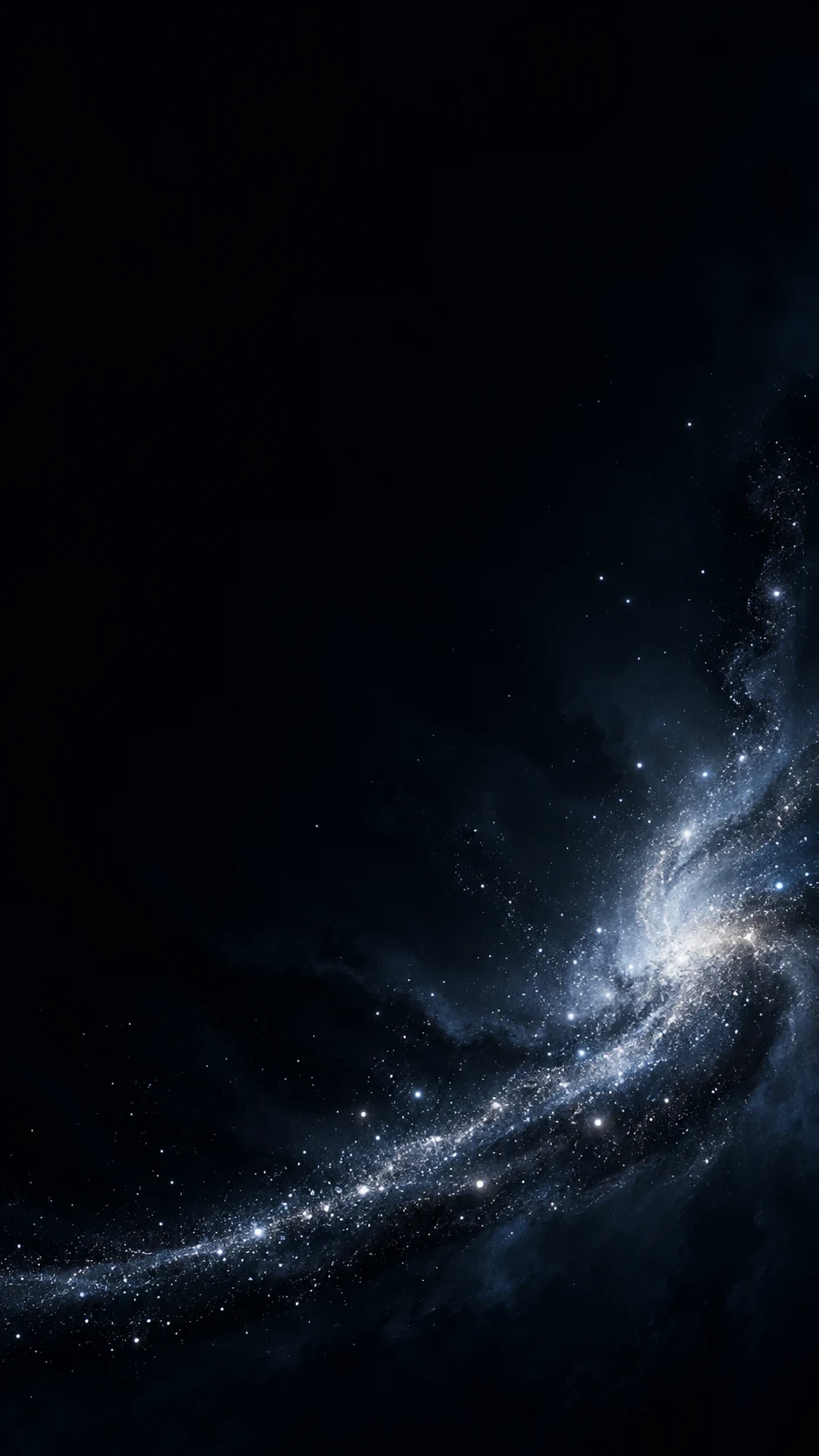 冷白星尘手机壁纸变体，星尘带斜向右下展开，左侧保留深色图标区