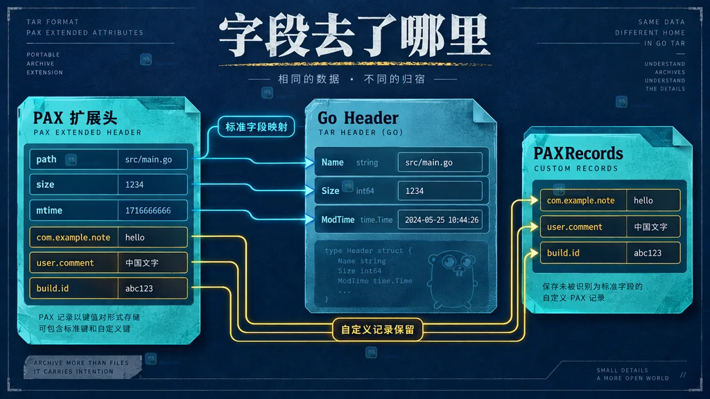 PAX 扩展头映射到 Go Header 与 PAXRecords 的静态结构图