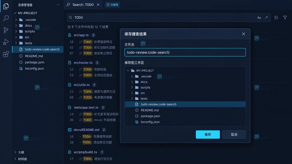 VS Code 将 Search Editor 保存为 code-search 文件的原创结果说明图