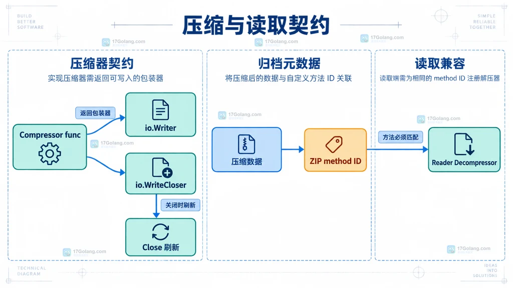 ZIP Compressor 工厂、WriteCloser 与读取兼容性的静态契约图