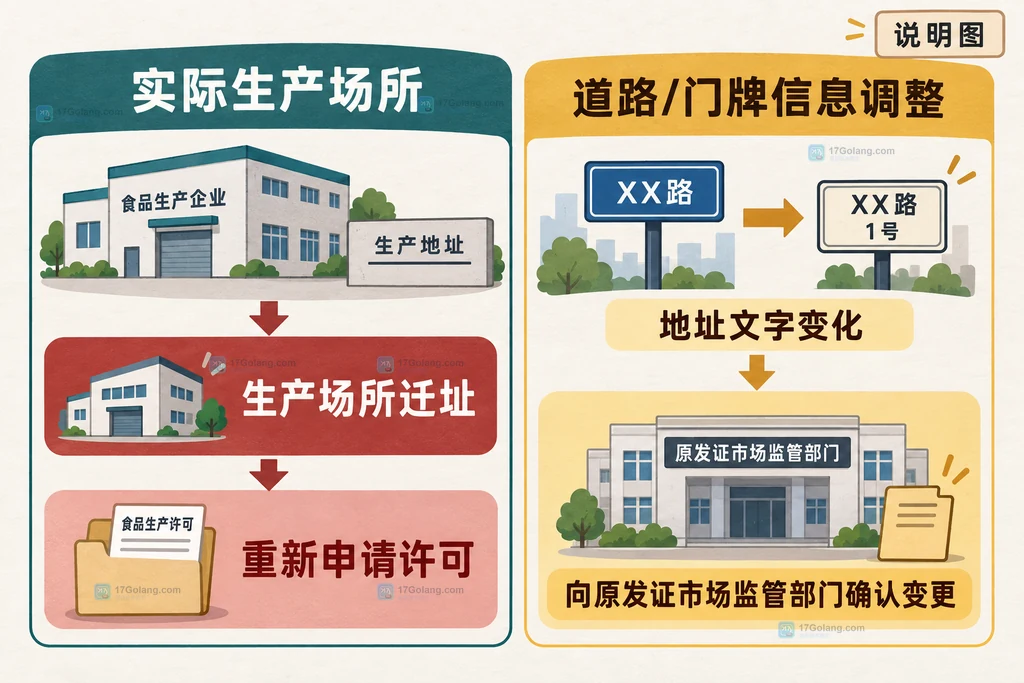 食品生产许可证生产地址变化中实际生产场所迁址与地址文字调整的边界说明图