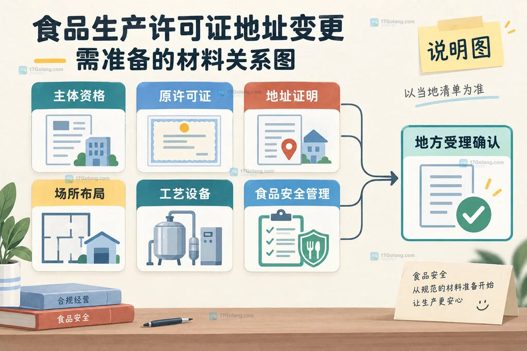 食品生产许可证地址变化办理中主体资格、原许可证、地址证明、场所资料与地方受理确认的关系说明图