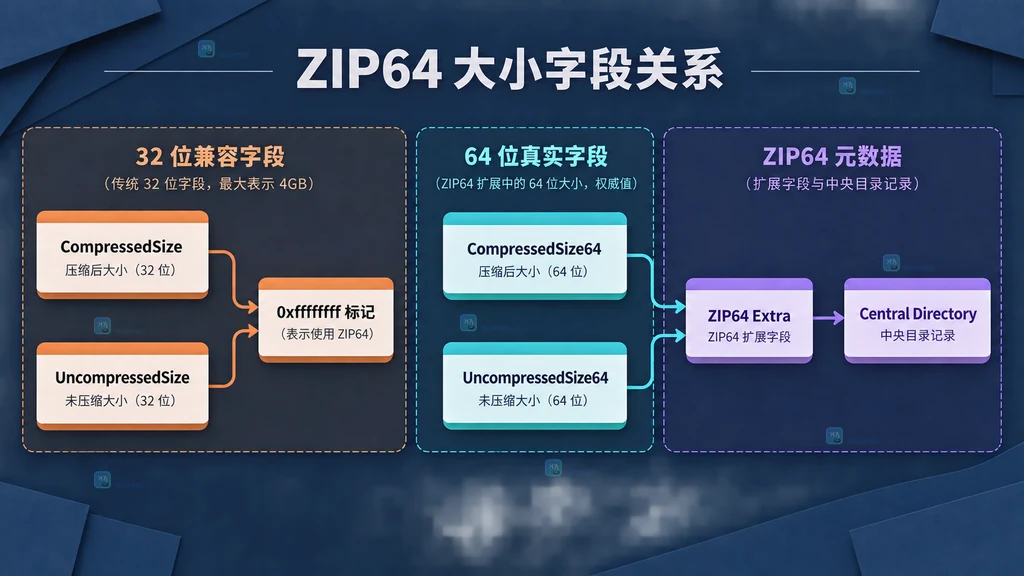 ZIP64 条目的 32 位兼容字段、64 位真实字段和 Extra 关系图